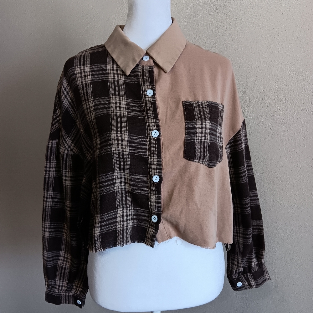 Cut-Off Grunge Flannel Button Up Crop Top Shirt, Brown Tan Boxy